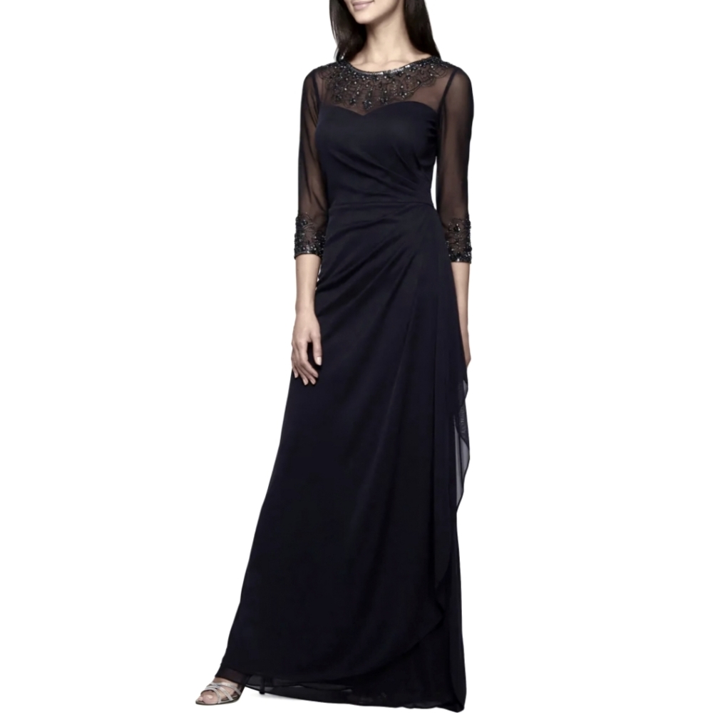 Alex Evenings A Line Mesh Gown With Beaded Illusion Sweetheart Neckline In Black